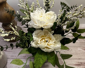 Flower Arrangement, Floral Centerpiece, Gift for Mom, Table Top Decor, Faux Flowers, New, Handmade White Peonies, Wedding decor