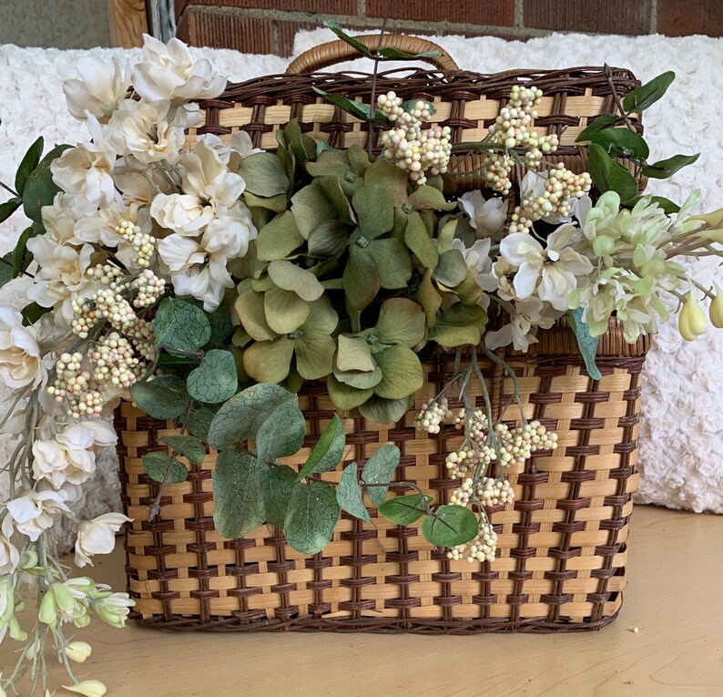 Picnic Basket Floral Arrangement Vintage Picnic Basket Silk Flower Arrangement Table Top Flowers Floral Centerpiece Farmhouse Basket