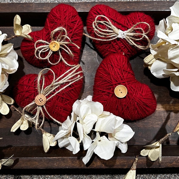 New Handmade, Set 4 Country Red Hearts, Tiered Tray Decor, Rustic Yarn Wrapped Hearts, Bowl Fillers, Victorian Hearts