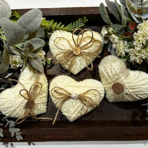 4 Hearts With Bows, Yarn Wrapped Heart Ornaments, Wedding Table Decor ...