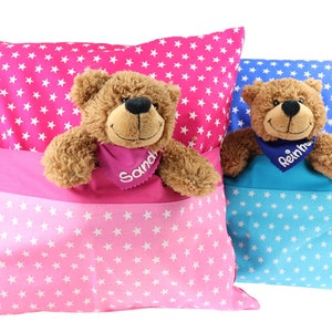 Ostergeschenk Kissen mit Geheimfach u. Teddy personalisiert Teddybär Geschenk zu Ostern mit Namen Set aus Kuscheltier Bär u. Spielekissen