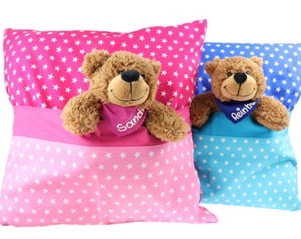 Ostergeschenk Kissen mit Geheimfach u. Teddy personalisiert Teddybär Geschenk zu Ostern mit Namen Set aus Kuscheltier Bär u. Spielekissen