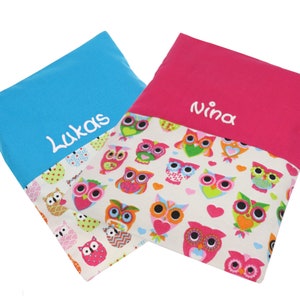 Wärmekissen Eulenfamilie klein 19 x 24 cm  und Namen Rapskissen Füllung Rapssamen Körnerkissen zum Wärmen - Geschenk Valentinstag Tiere