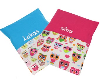 Heat cushion owl family small 19 x 24 cm and name rapeseed cushion filling rapeseed grain pillow for warming - gift Valentine's Day animals