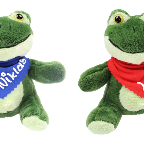 Kuscheltier Frosch grün 14,5cm mit Namen am Halstuch personalisiertes Kuscheltier Stofftier Schmusetier Spielzeug Plüschtier