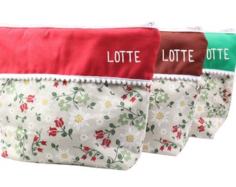 Beauty bag flower red green brown with name wash bag cosmetic bag cosmetic bag personalized wash bag desired name