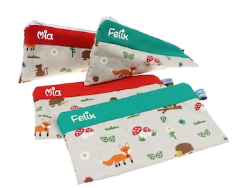 Pencil case forest animals triangle or square with name personalized pencil case school pencil case pencil case fox hedgehog owl