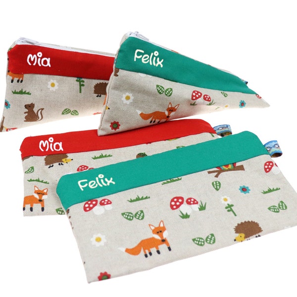 Pencil case forest animals triangle or square with name personalized pencil case school pencil case pencil case fox hedgehog owl