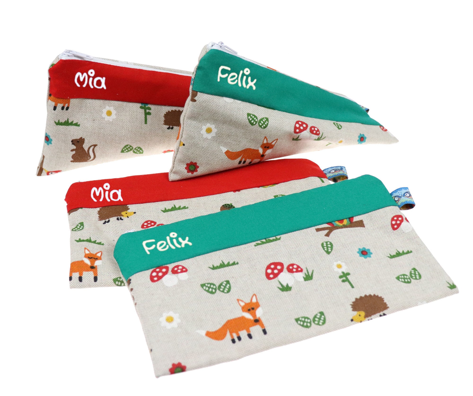 Pencil case forest animals triangle or square with name personalized pencil case school pencil case pencil case fox hedgehog owl