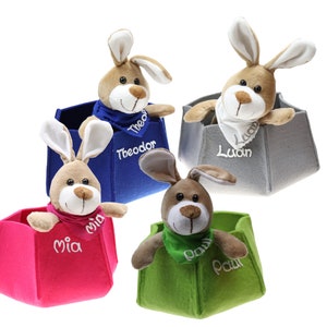 Osterkörbchen grau grün pink blau Filz mit Hase personalisiert Geschenk zu Ostern mit Namen Set aus Kuscheltier und Osternest Ostergeschenk