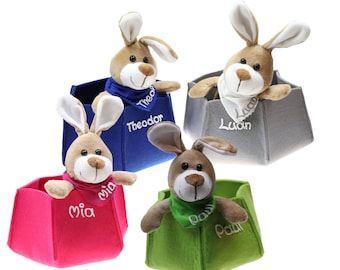 Osterkörbchen grau grün pink blau Filz mit Hase personalisiert Geschenk zu Ostern mit Namen Set aus Kuscheltier und Osternest Ostergeschenk