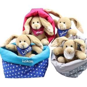 Ostergeschenk Osterkörbchen mit Hasen personalisiert Stoffkörbchen - Geschenk zu Ostern mit Namen Set aus Kuscheltier Hase und Utensilo
