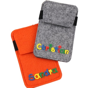 Housse de téléphone 8.5 x 14cm orange / gris avec nom Sac personnalisé pour les enfants Pochette de poche de téléphone garçon et filles en feutre