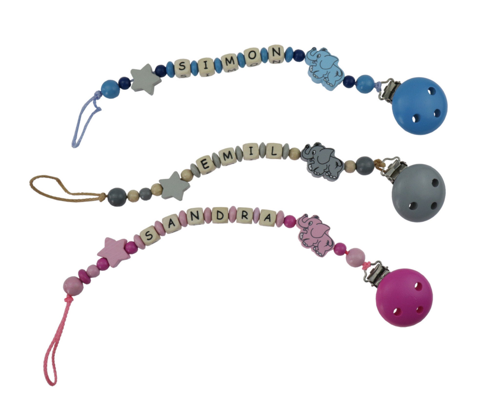 Pacifier Chain Baby Young Girls Elephant blue / pink / gray with name