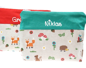 Toiletry bag 21 x 16 cm Forest animals with names red & green Toiletry bag Beauty Bag Wash bag Cosmetic bag Make-up bag personalized