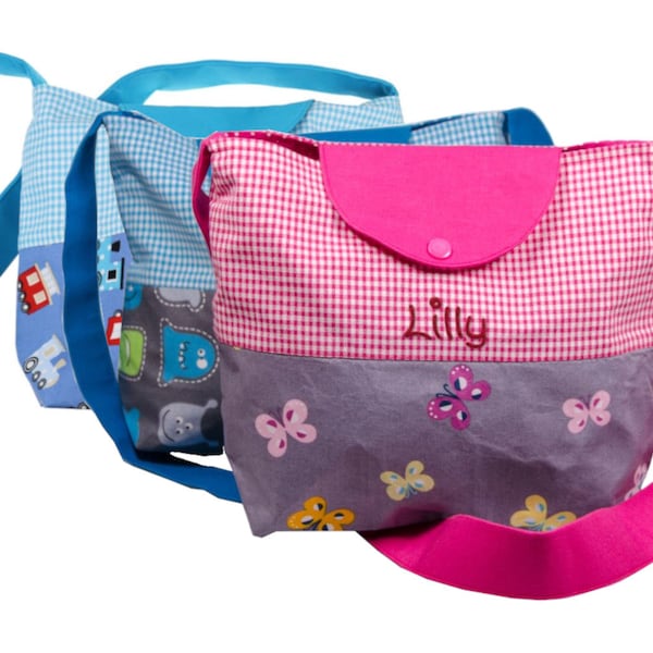 Kindertasche mit Namen - Personaliesierte Kindergartentasche Umhängetasche für Kinder - Kleinkinder in rosa Schmetterling oder blau Monster