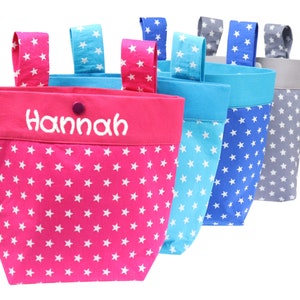 Kinderfahrradtasche mit Namen Sterne in pink grau blau - Personalisierte Fahrradtasche Fahrradkorb Laufrad Dreirad Jungen - Mädchen Fahrrad