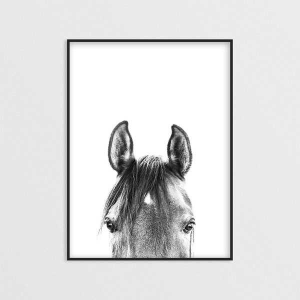 Peekaboo Horse Print, Horse Photo Poster, Equestrian Print, Black and White, Western Decor, Nursery Printable, BW Wall Art, Digital Download