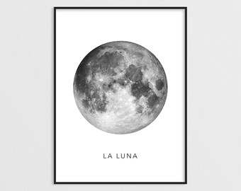 La Luna Print, Full Moon Poster, Luna Wall Art, Moon Illustration, Moon Art, Luna Art, Black and White, Moon Wall Decor, Printable Poster