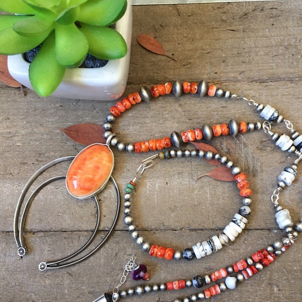 Sedona Sunrise orange spiny oyster sterling necklace, spottedfeatherstudio, spiny oyster Naja necklace, native vibe necklace, Naja necklace