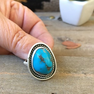 Stardust deep blue turquoise, sterling turquoise ring, size 8, spottedfeatherstudio, turquoise nugget with deep gray matrix