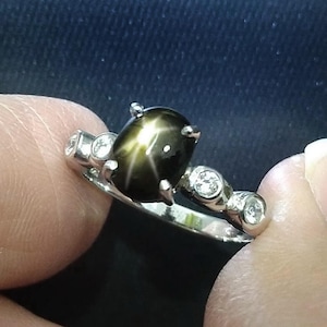 Black Star Sapphire Ring: Sterling Silver, White Sapphire Accents, US Size 6.5