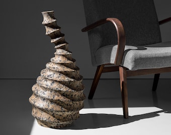 EROSION Tall Spiral Sculptural Vase, Brutalist Concrete-Look Art Object, Handmade Ribbed Floor Vase