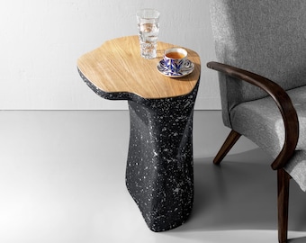 Oak Top Side Table with Sculptural Concrete Base, Modern Wood Accent Table, Handmade Furniture
