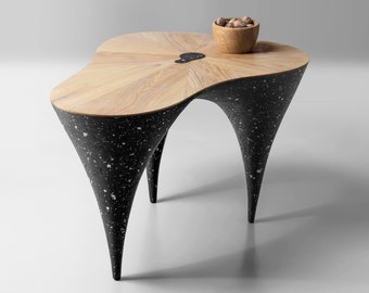 Contemporary curved coffee table, oak, black concrete