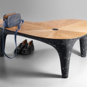 Black Concrete and Oak Sculptural Bench, Minimalist Entryway Bench, Modern Wood Furniture, Contemporary Handmade Seating, Hallway Bench