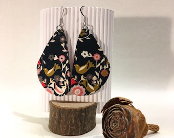lightweight earrings black fabric printed birds and flowers handcrafted creation Large triangular