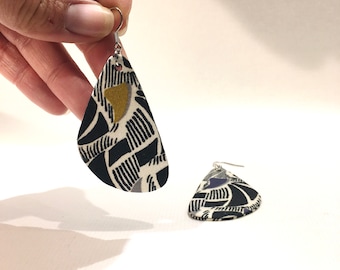 lightweight earrings black fabric printed birds and flowers handcrafted creation Large triangular