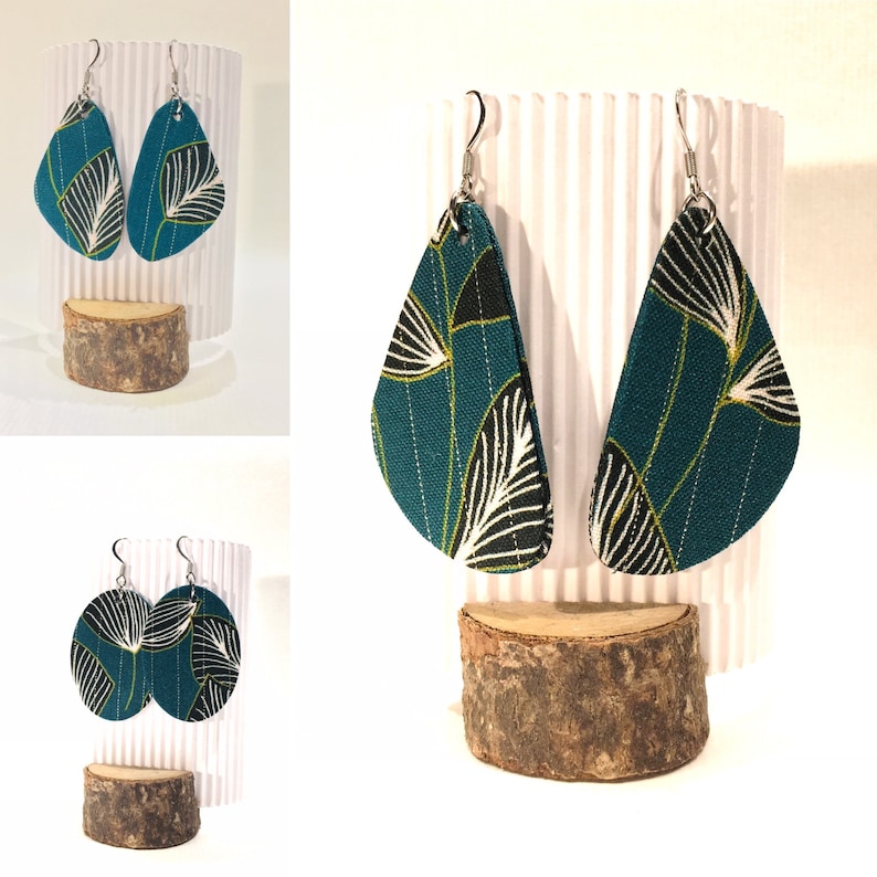 Large triangular earrings light handcrafted creation green fabric printed leaves