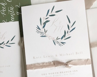 Printed Wedding Invitation Suite, Monogram Crest Laurel Wreath Invitation, greenery eucalyptus olive branch, elegant minimalist invitation
