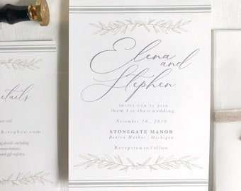 Botanical Printed Wedding Invitation, Gray + Sage Suite, Olive Branch Wedding Invite, Calligraphy Wedding Invitation, Classic Rustic Elegant