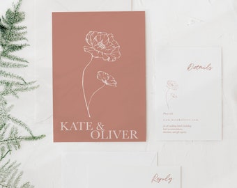Minimalist Modern Wedding Invitation, Simple Hand Drawn Poppy Floral Invitation, Classic Elegant Wedding Invitations, Customizable colors