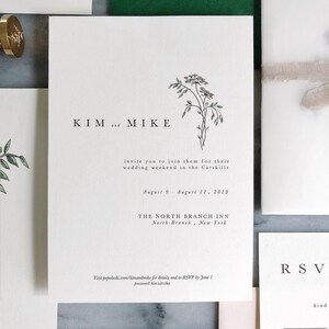 May include: A wedding invitation with a green and white color scheme. The invitation features a floral illustration and the text "KIM and MIKE invite you to join them for their wedding weekend in the Catskills August 9 - August 11, 2019 THE NORTH BRANCH INN North Branch, New York Visit popoloski.com/kimandmike for details and to RSVP by June 1 password: kimandmike"