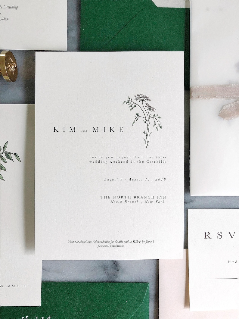 May include: A wedding invitation with a green and white color scheme. The invitation features a floral illustration and the text "KIM and MIKE invite you to join them for their wedding weekend in the Catskills August 9 - August 11, 2019 THE NORTH BRANCH INN North Branch, New York Visit popoloski.com/kimandmike for details and to RSVP by June 1 password: kimandmike"