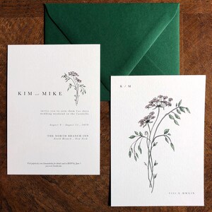 May include: Wedding invitation suite with a green envelope and two white cards. The front card features a floral illustration and the text "KIM and MIKE" and the back card features a floral illustration and the text "K/M" and "VIII.X.MMXIX".