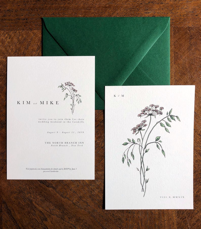 May include: Wedding invitation suite with a green envelope and two white cards. The front card features a floral illustration and the text "KIM and MIKE" and the back card features a floral illustration and the text "K/M" and "VIII.X.MMXIX".