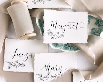 Wedding Calligraphy Place Cards, Handwritten Escort Cards, Bridesmaid + Mother of the Bride Gift Tags, Cotton Rag Paper Deckle Edge