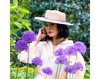 Mouchette - Boater Style Summer Straw Hat made from 1960s Vintage Woven Seagrass