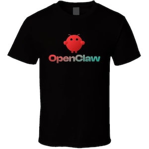 May include: Black t-shirt featuring a red cartoon character with the text "OpenClaw" in a gradient of red, green, and blue. The shirt is a classic crew neck style.