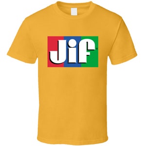 May include: A yellow t-shirt with a white "Jif" logo on the front. The logo is surrounded by a red, blue, and green rectangle.
