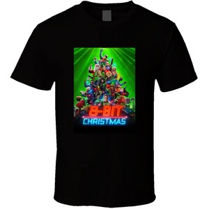 May include: Black t-shirt with a graphic of a Christmas tree made of video game characters. The text "8-BIT CHRISTMAS" is in neon red and blue.