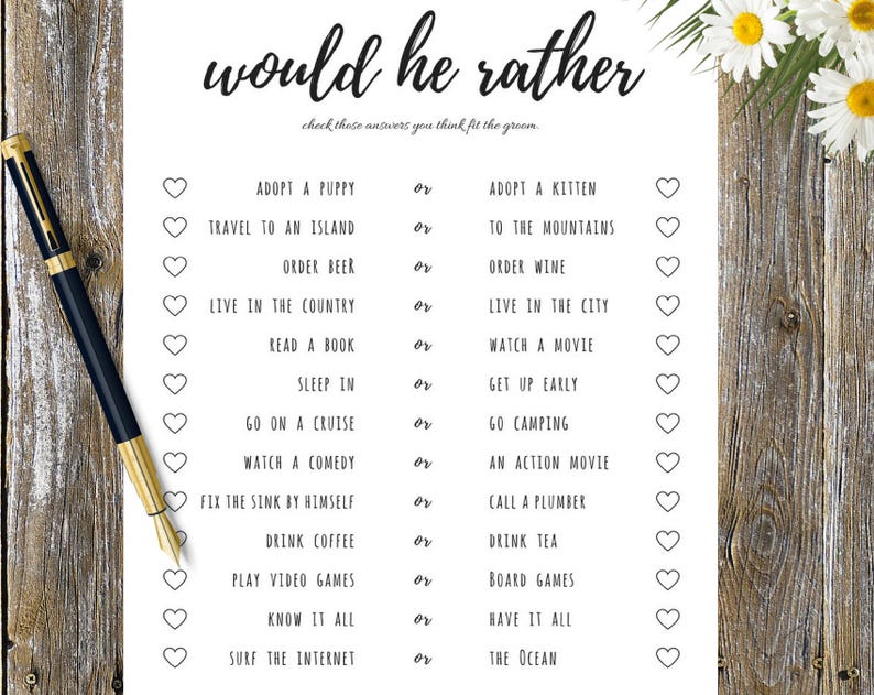 Would He Rather, Wedding Game, Wedding Question Game, Wedding Shower