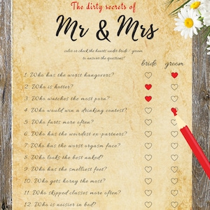 Mr and Mrs game dirty, Mr & Mrs, questions, dirty game, dirty bachelorette party game, dirty questions, dirty hen party game, printable PDF