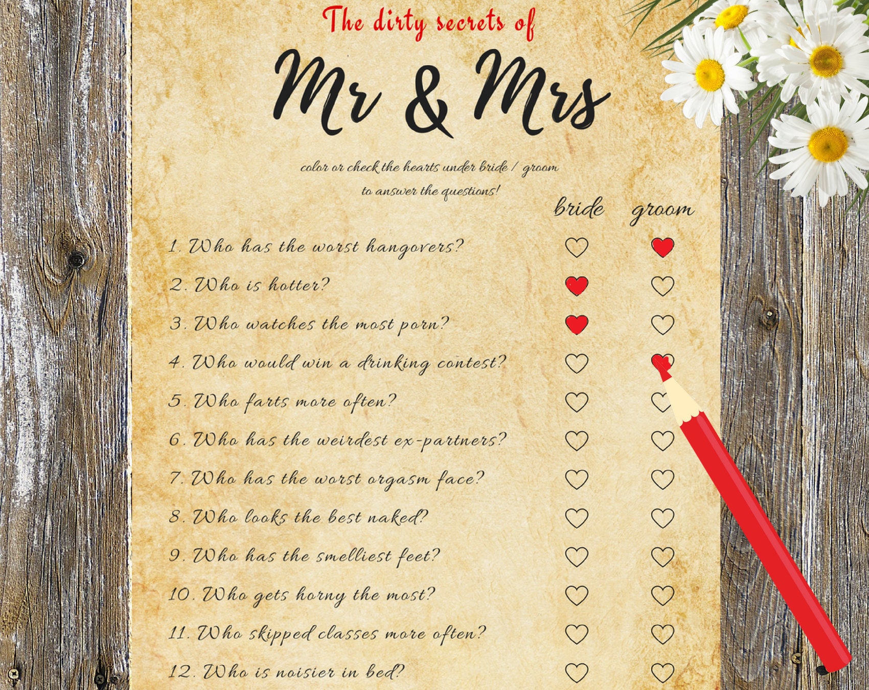 Mr and Mrs Game Dirty, Mr & Mrs, Questions, Dirty Game, Dirty