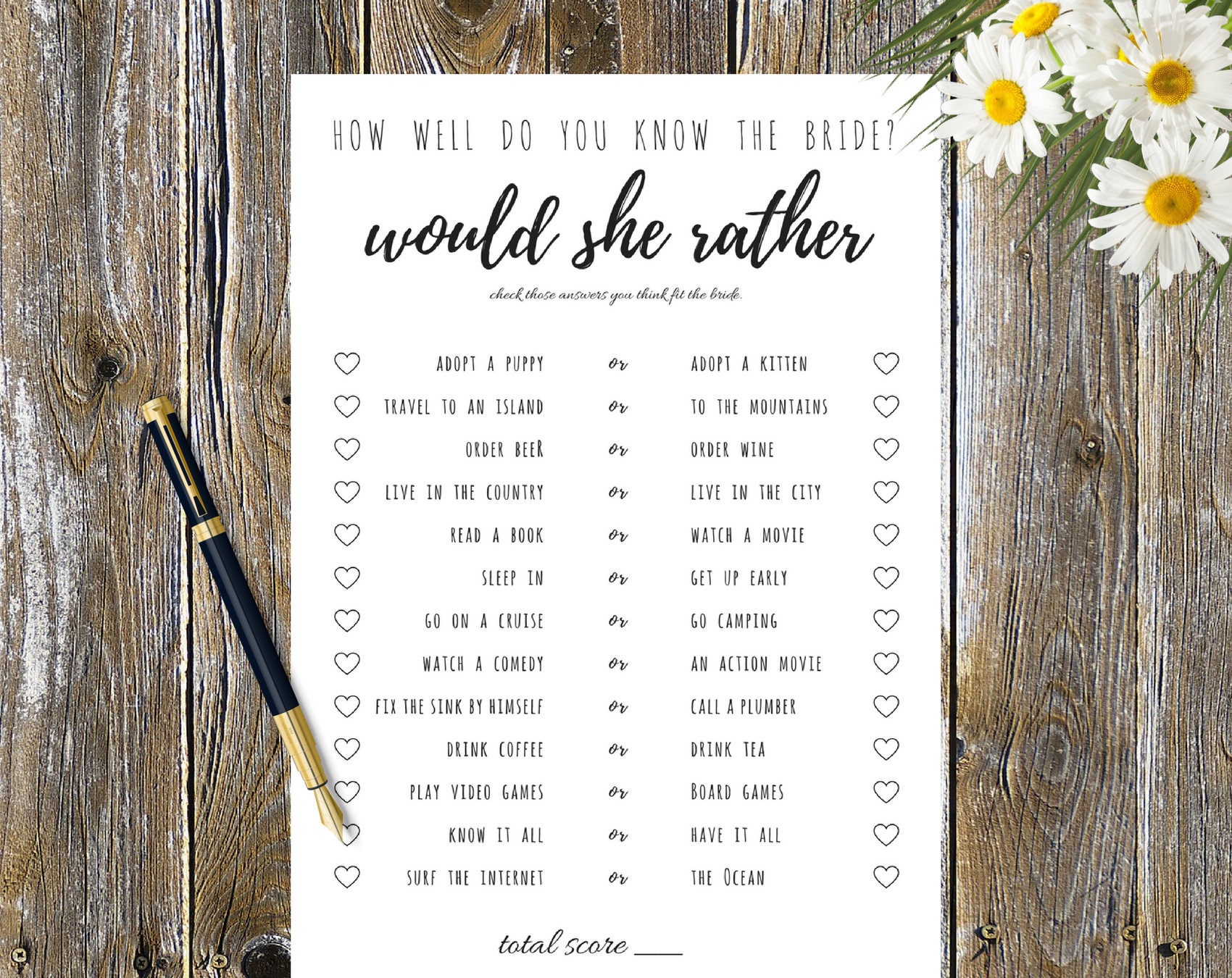 Would She Rather, Wedding Game, Wedding Shower Game, Question Game