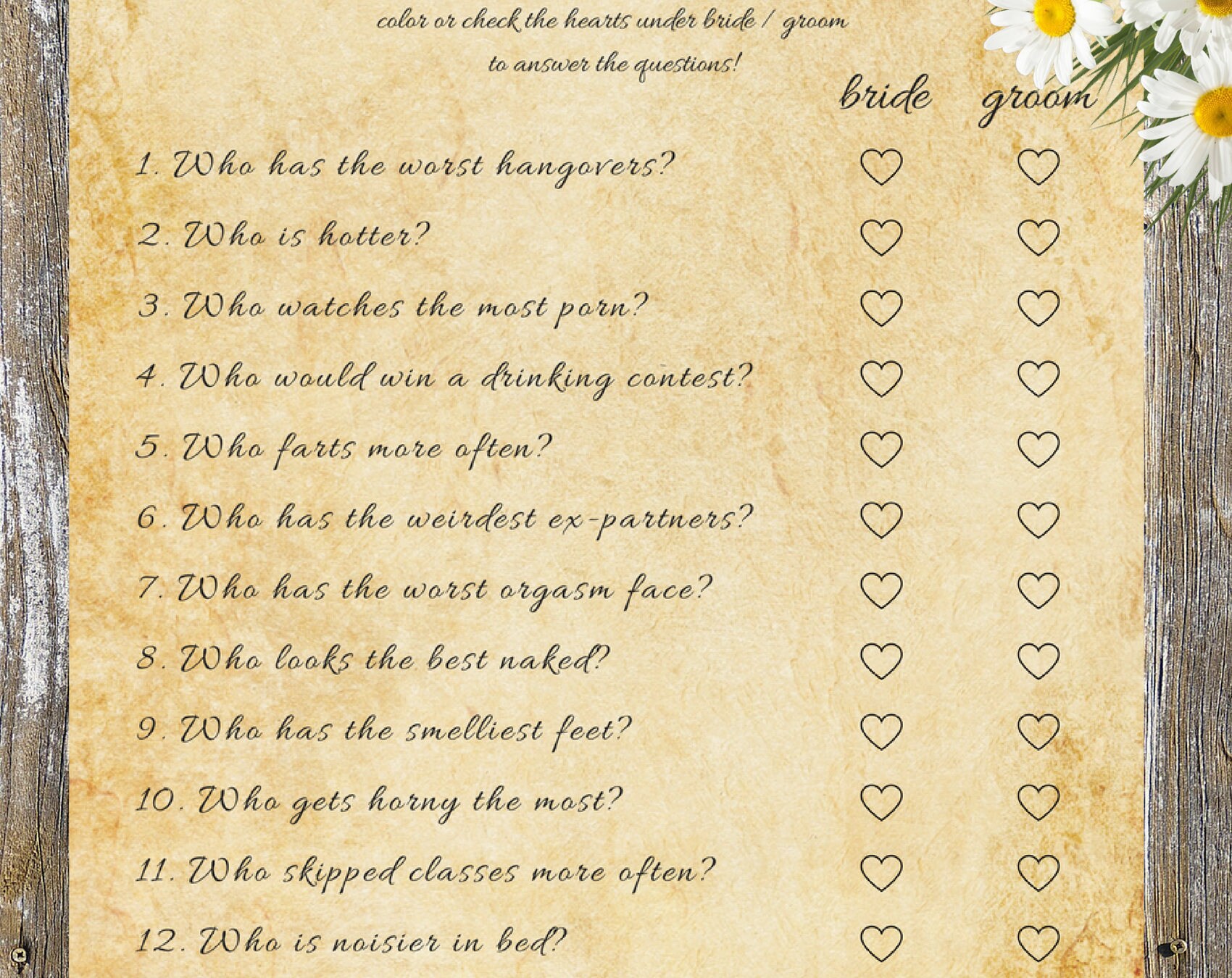 Mr and Mrs Game Dirty, Mr & Mrs, Questions, Dirty Game, Dirty